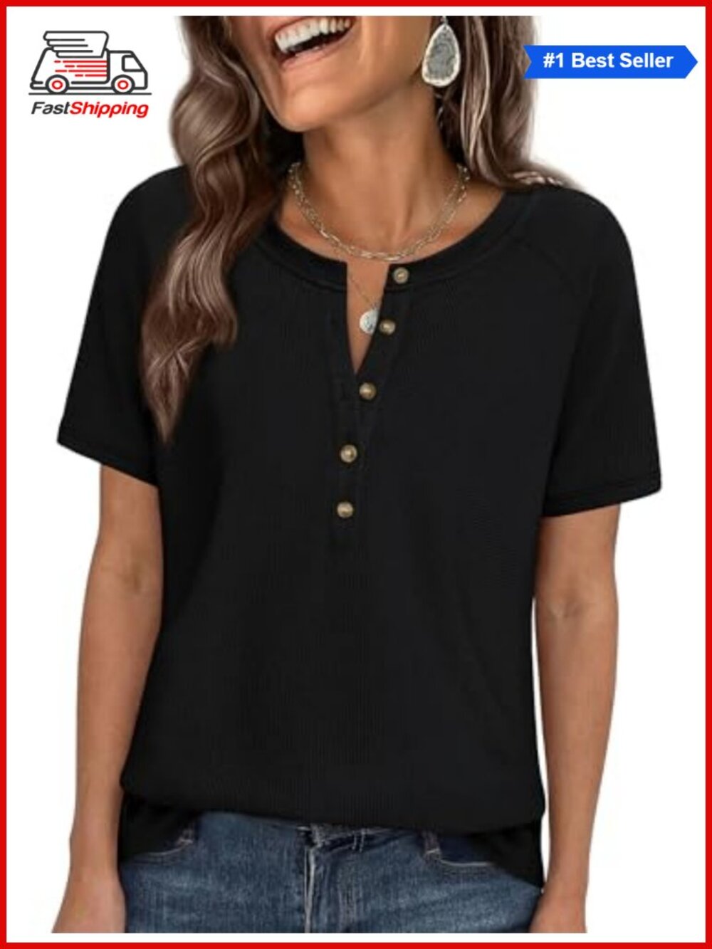 ✨ Waffle Knit Henley Short Sleeve Top